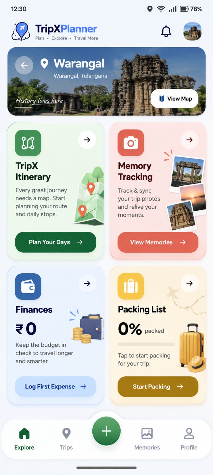 TripXPlanner home dashboard showing Itinerary, Memories, Finances and Packing List