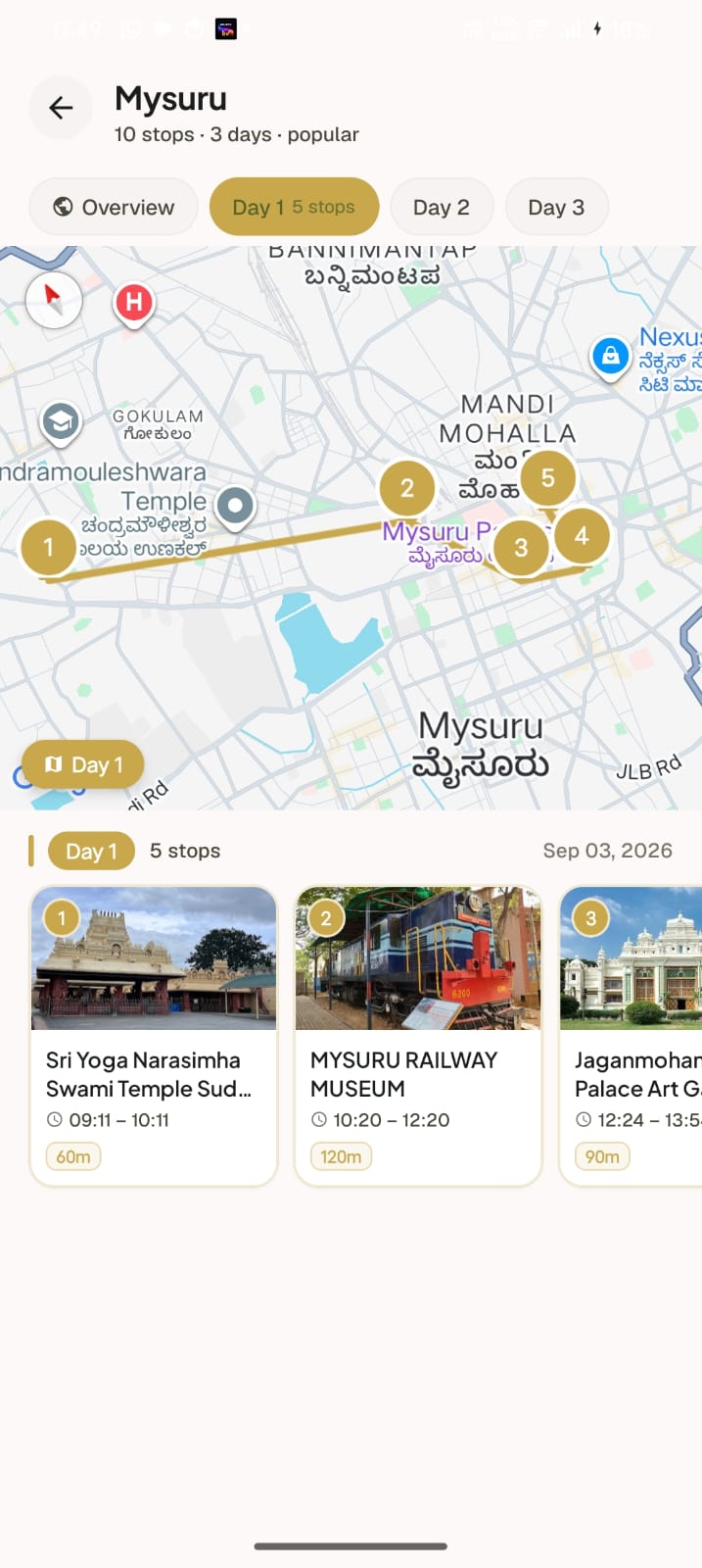 Mysuru itinerary with numbered map stops