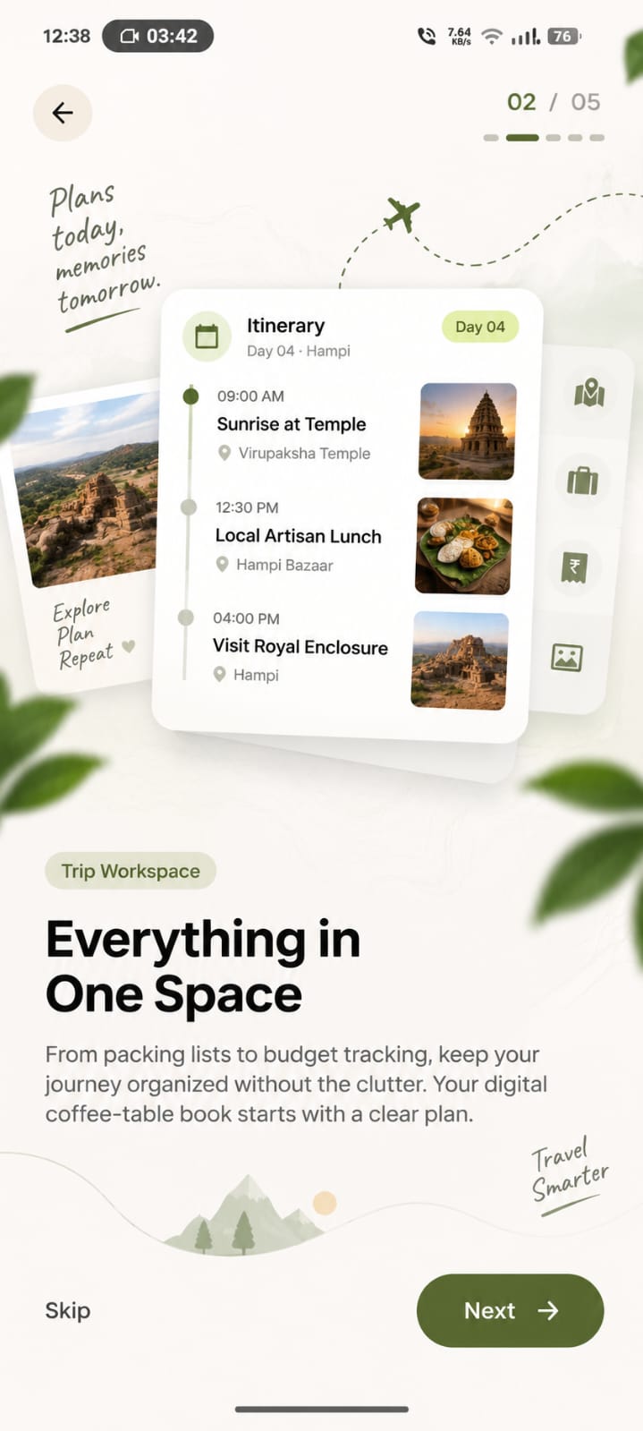 Itinerary timeline with Day 04 stops in Hampi