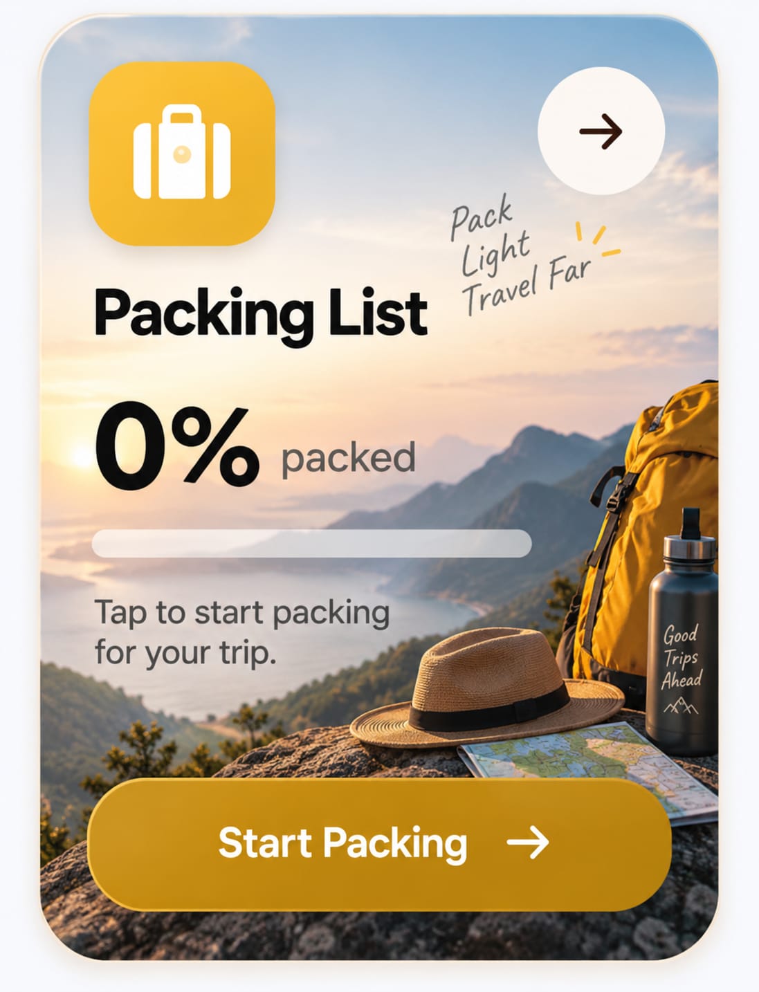 TripXPlanner packing list card showing 0% packed