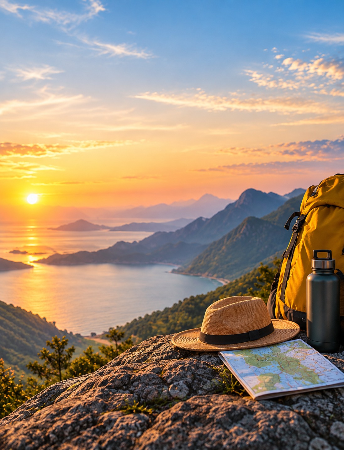 Sunrise over mountains and a lake with a traveller's hat and backpack